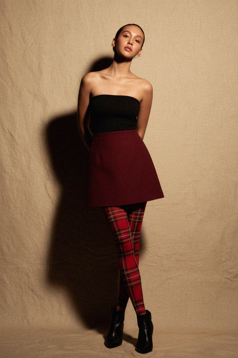 Vibrant Red Plaid Pattern Tights photo 2