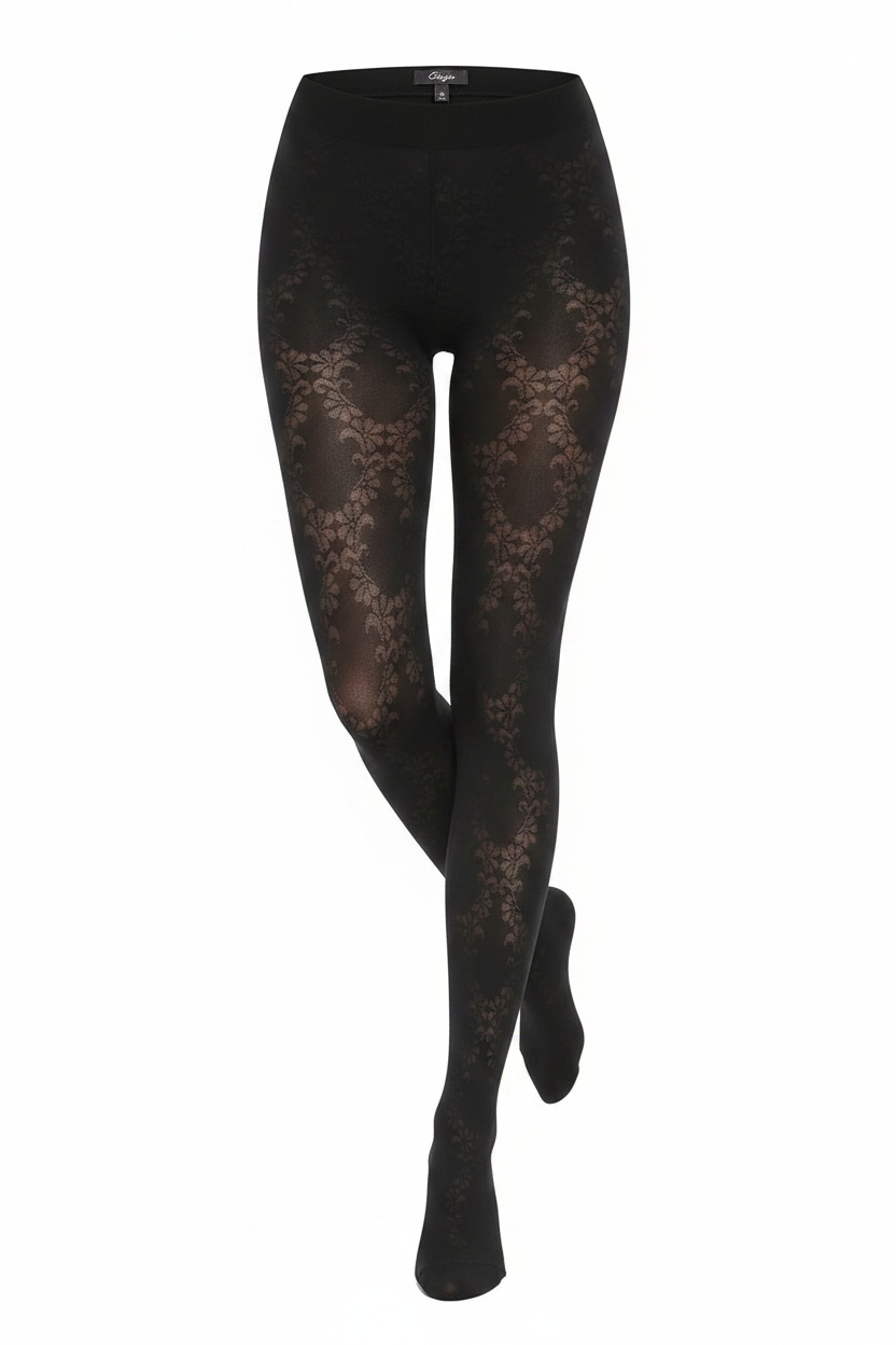 Elegant Black Floral Scroll Patterned Tights photo 1