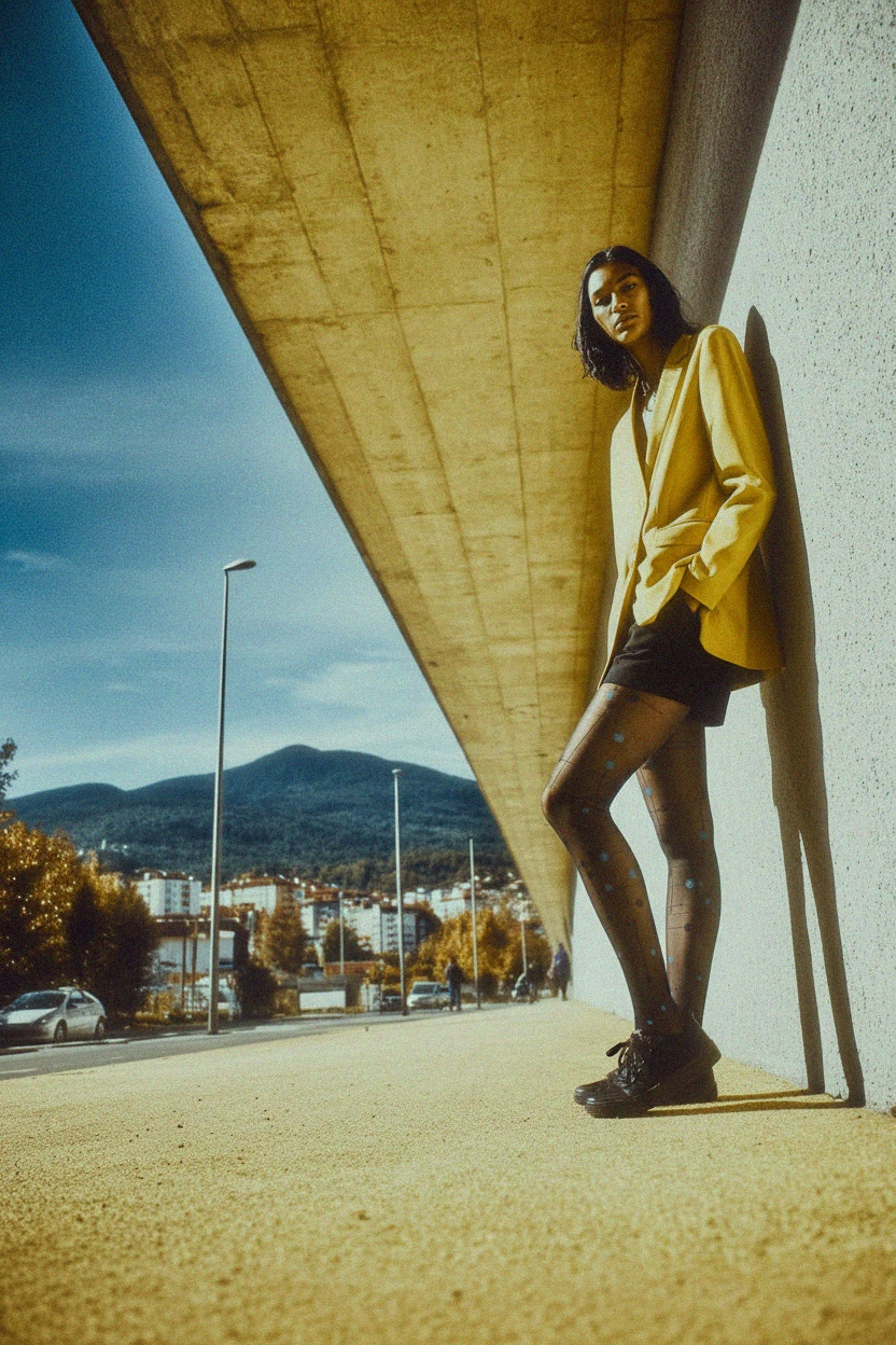 Modern Sheer Tights with Blue & Black Dot Line Pattern photo 2