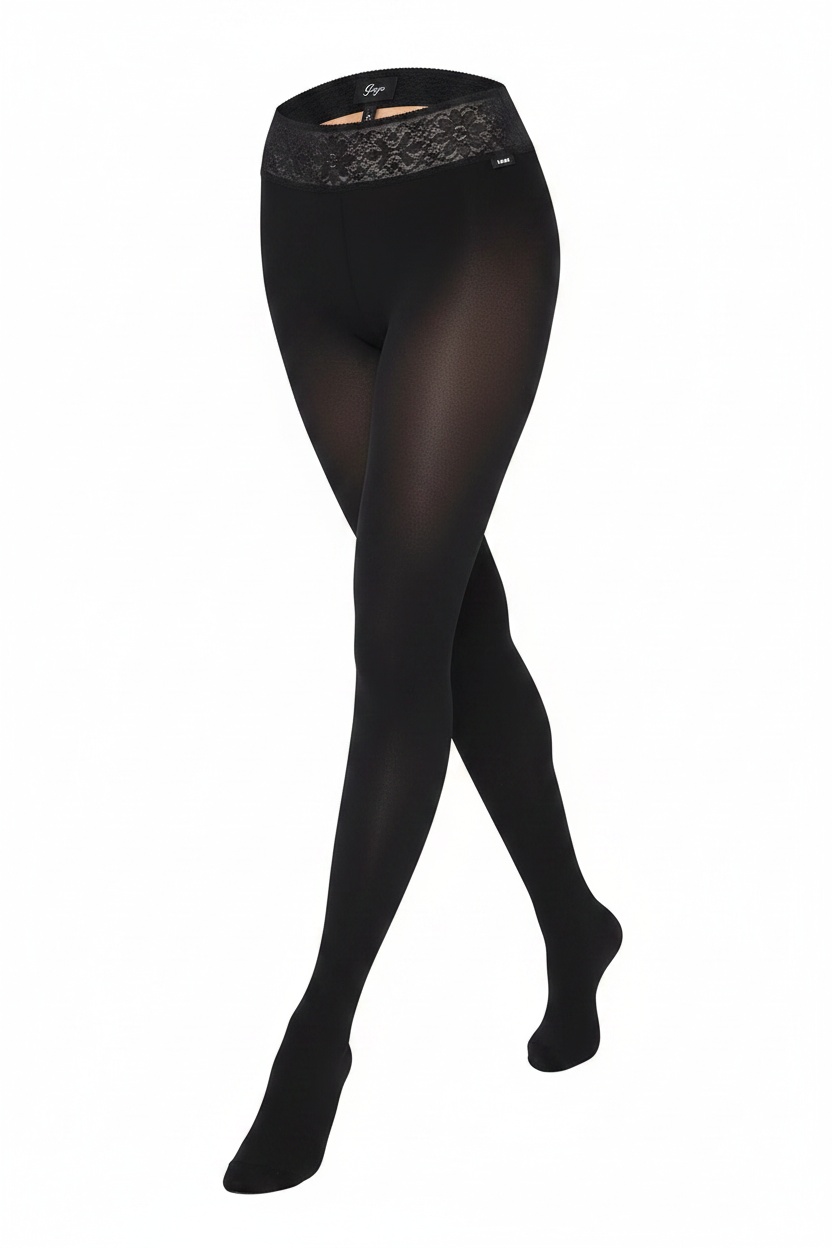 Opaque Black Tights with Decorative Lace Waistband photo 1