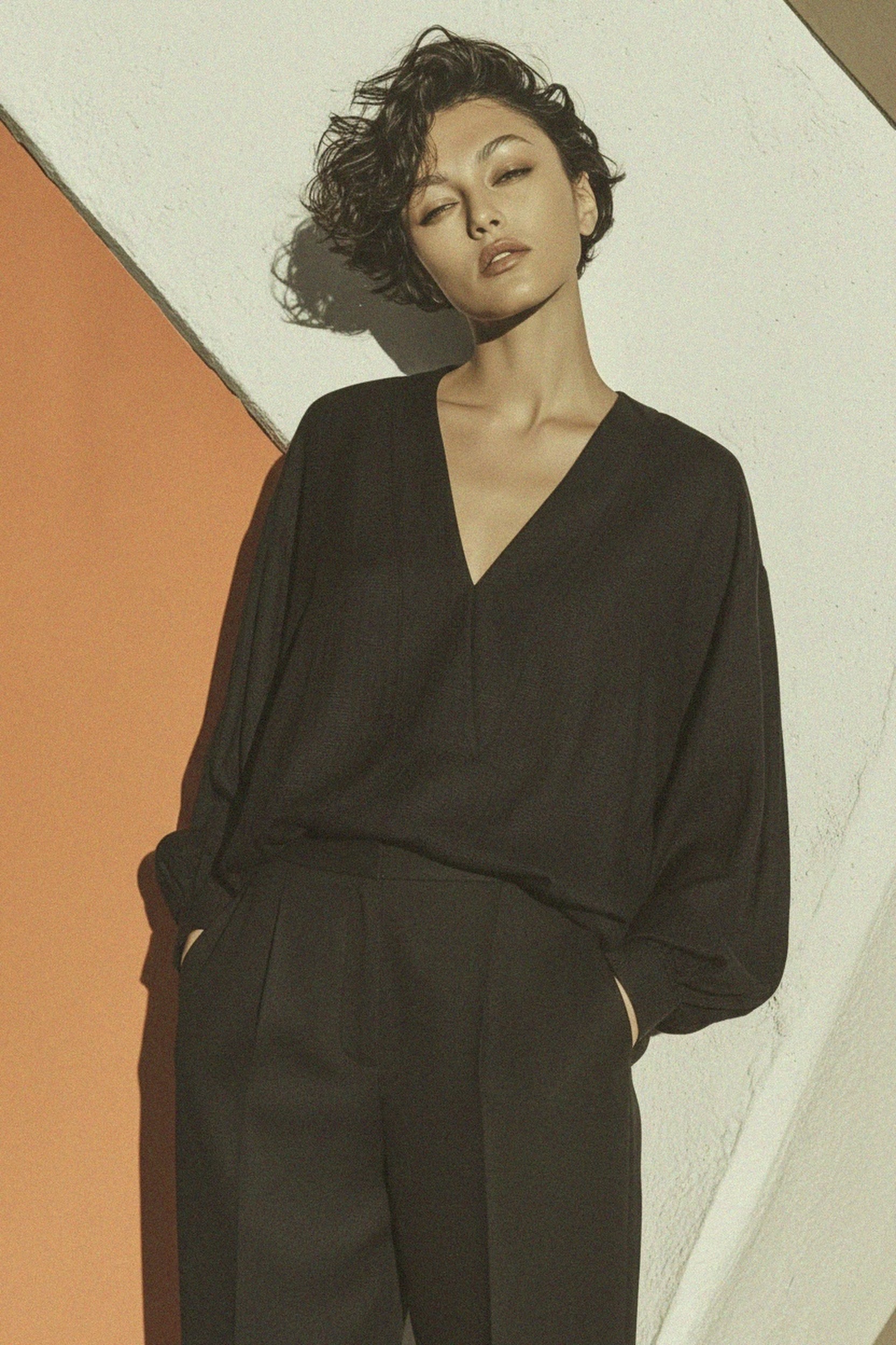 Black Oversized Textured V-Neck Blouse photo 2