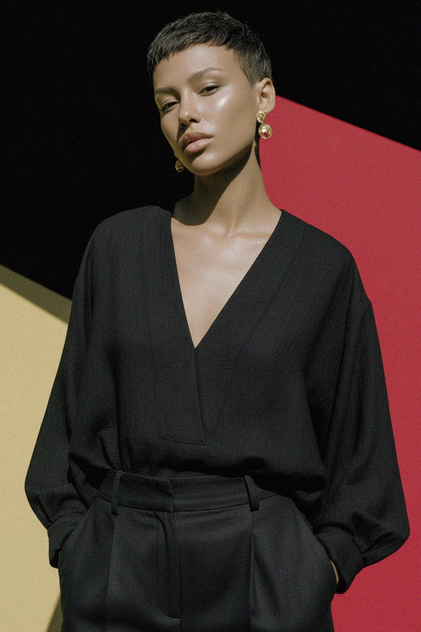 Black Oversized Textured V-Neck Blouse photo 3