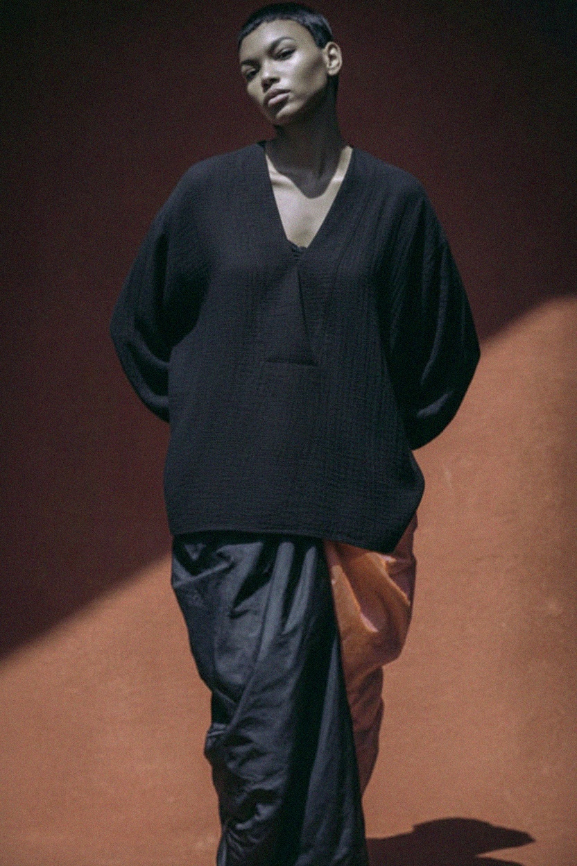 Black Oversized Textured V-Neck Blouse photo 4