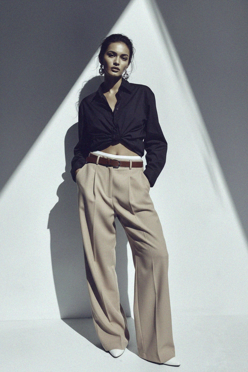 Beige Pleated Wide-Leg Trousers photo 3