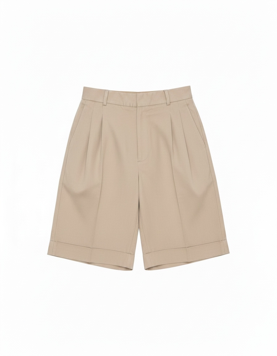Pleated Beige Shorts with Brown Belt photo 1