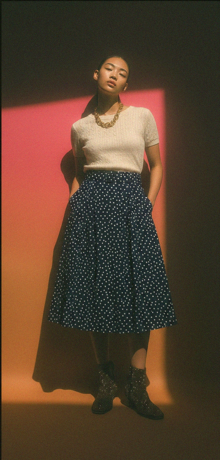 Chic Polka Dot Midi Skirt with Belt Detail photo 2