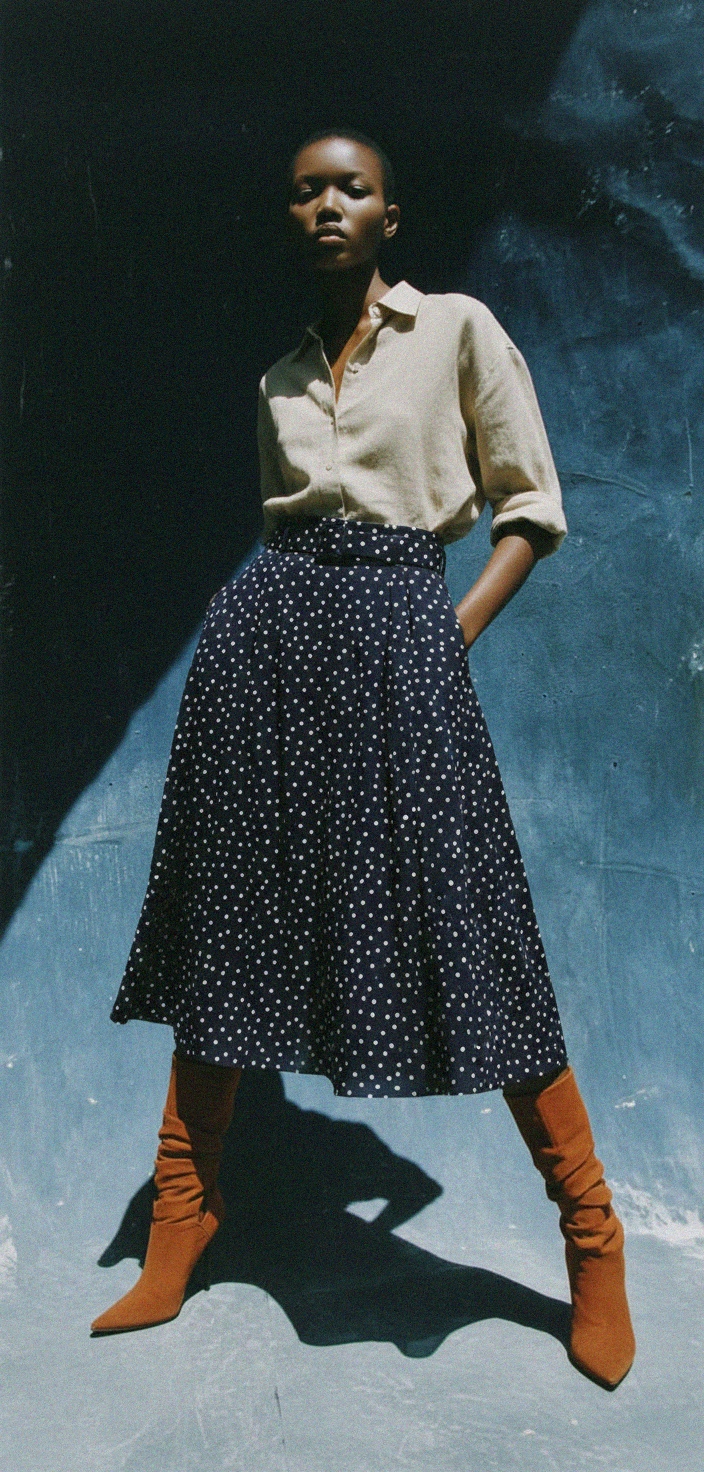 Chic Polka Dot Midi Skirt with Belt Detail photo 3