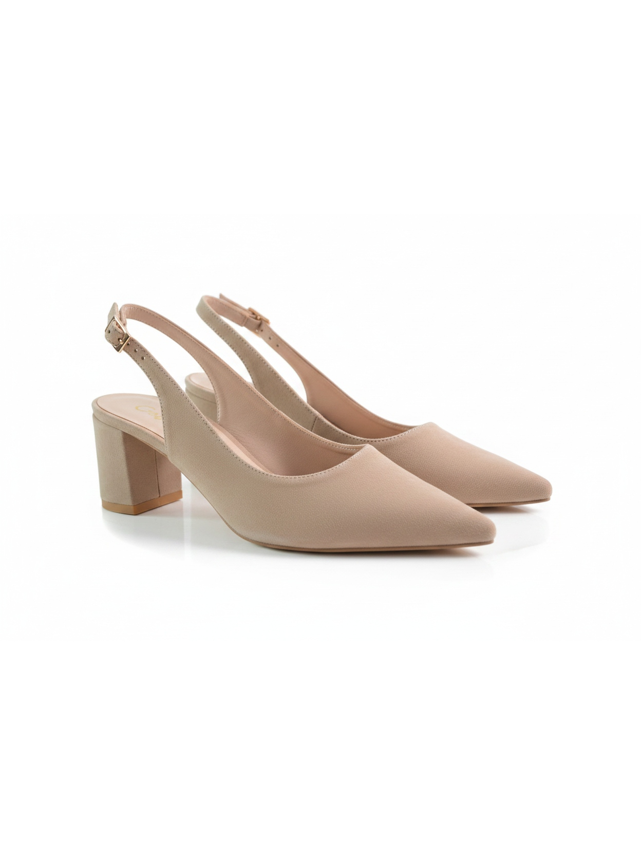Beige Suede Pointed Toe Slingback Block Heels photo 1