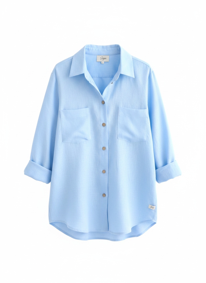 Light Blue Relaxed Fit Button-Up Shirt with Pockets photo 1