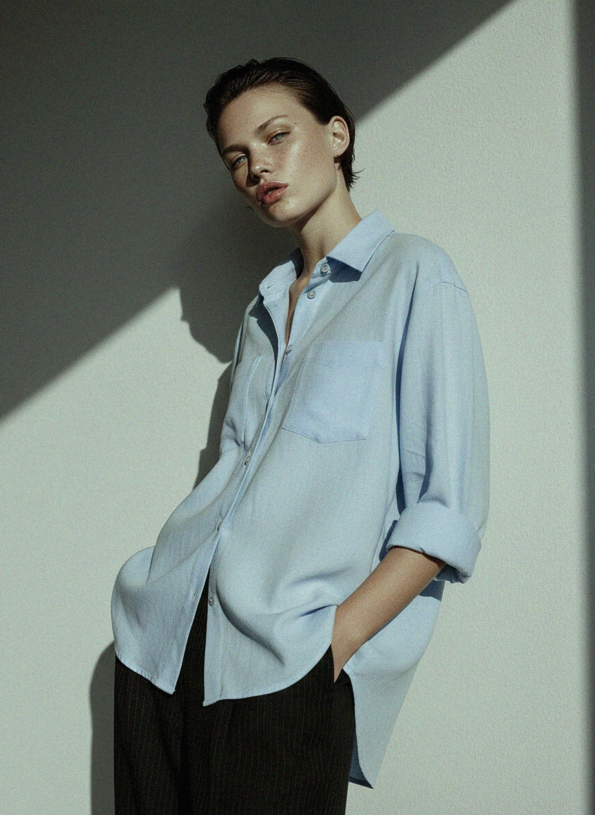 Light Blue Relaxed Fit Button-Up Shirt with Pockets photo 3