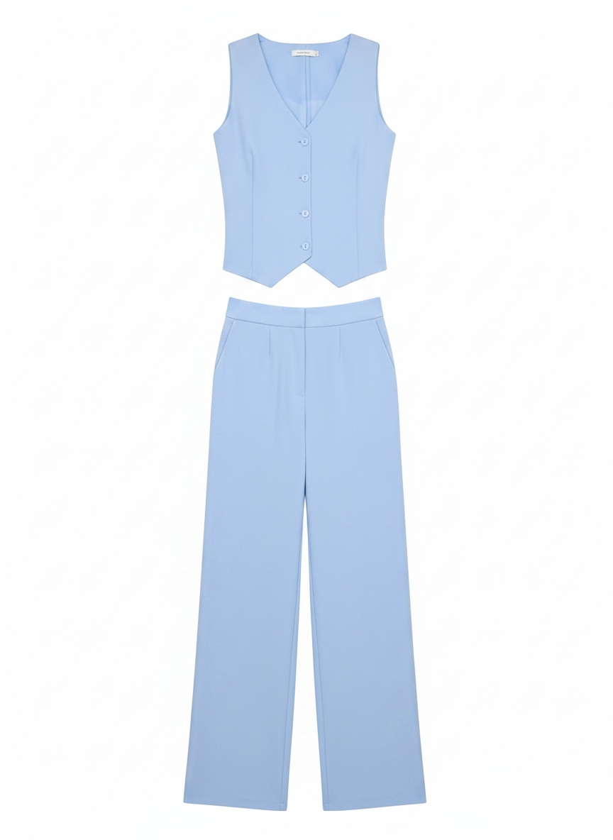 Sky Blue Vest & Wide-Leg Pants Matching Set photo 1