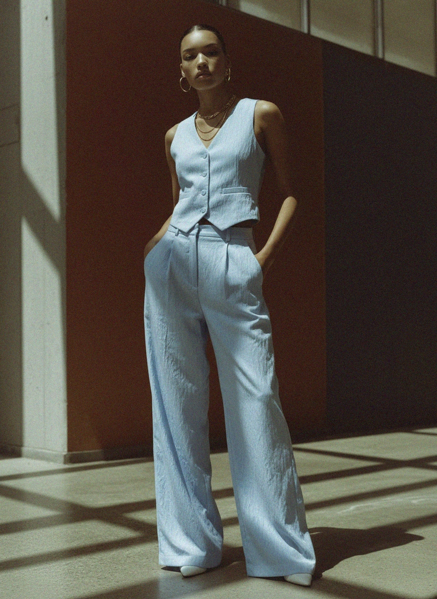 Sky Blue Vest & Wide-Leg Pants Matching Set photo 3