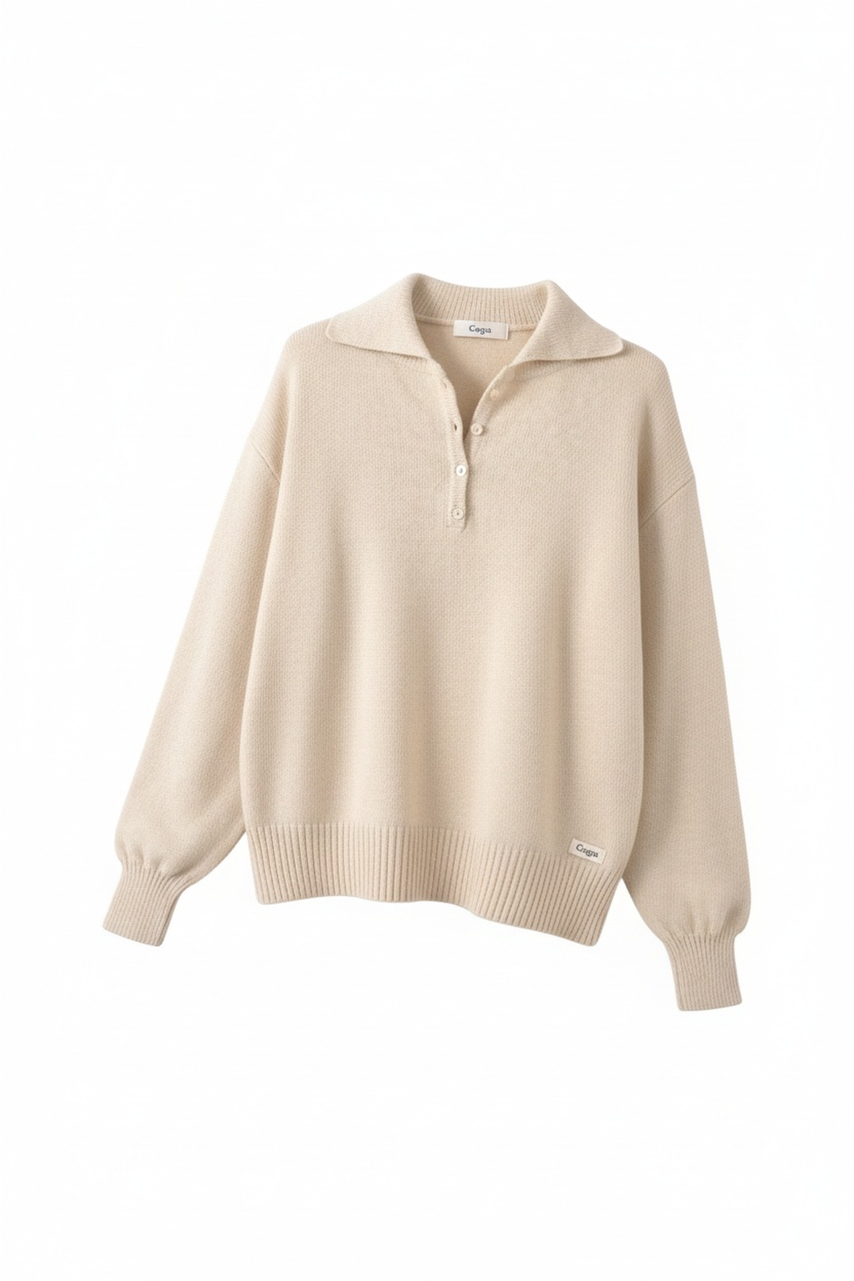 Beige Ribbed Knit Polo Sweater photo 1