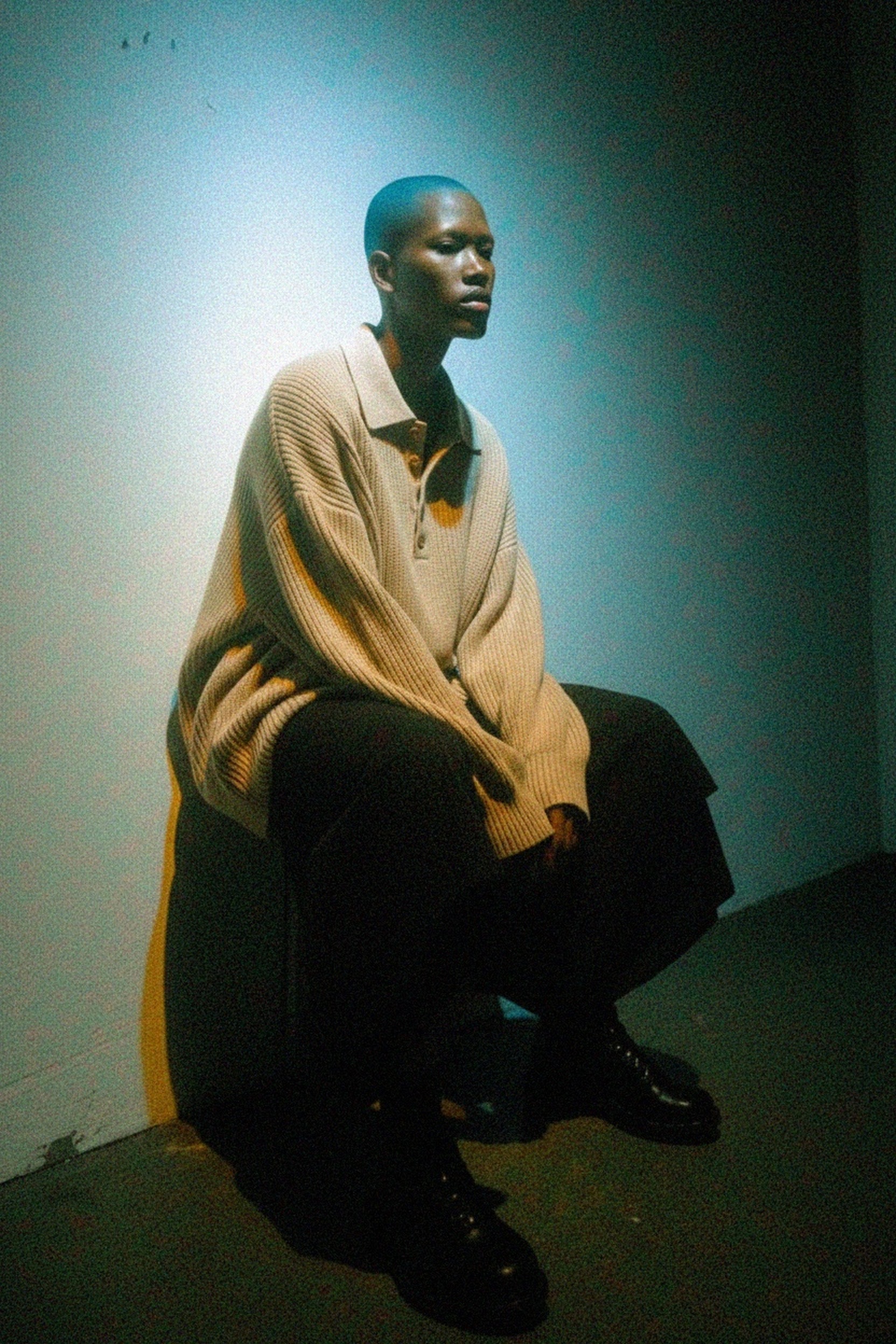 Beige Ribbed Knit Polo Sweater photo 2