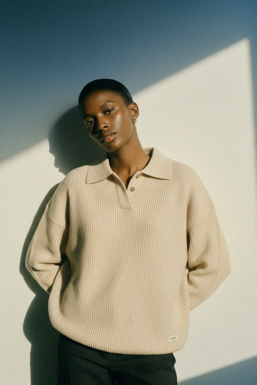 Beige Ribbed Knit Polo Sweater photo 3