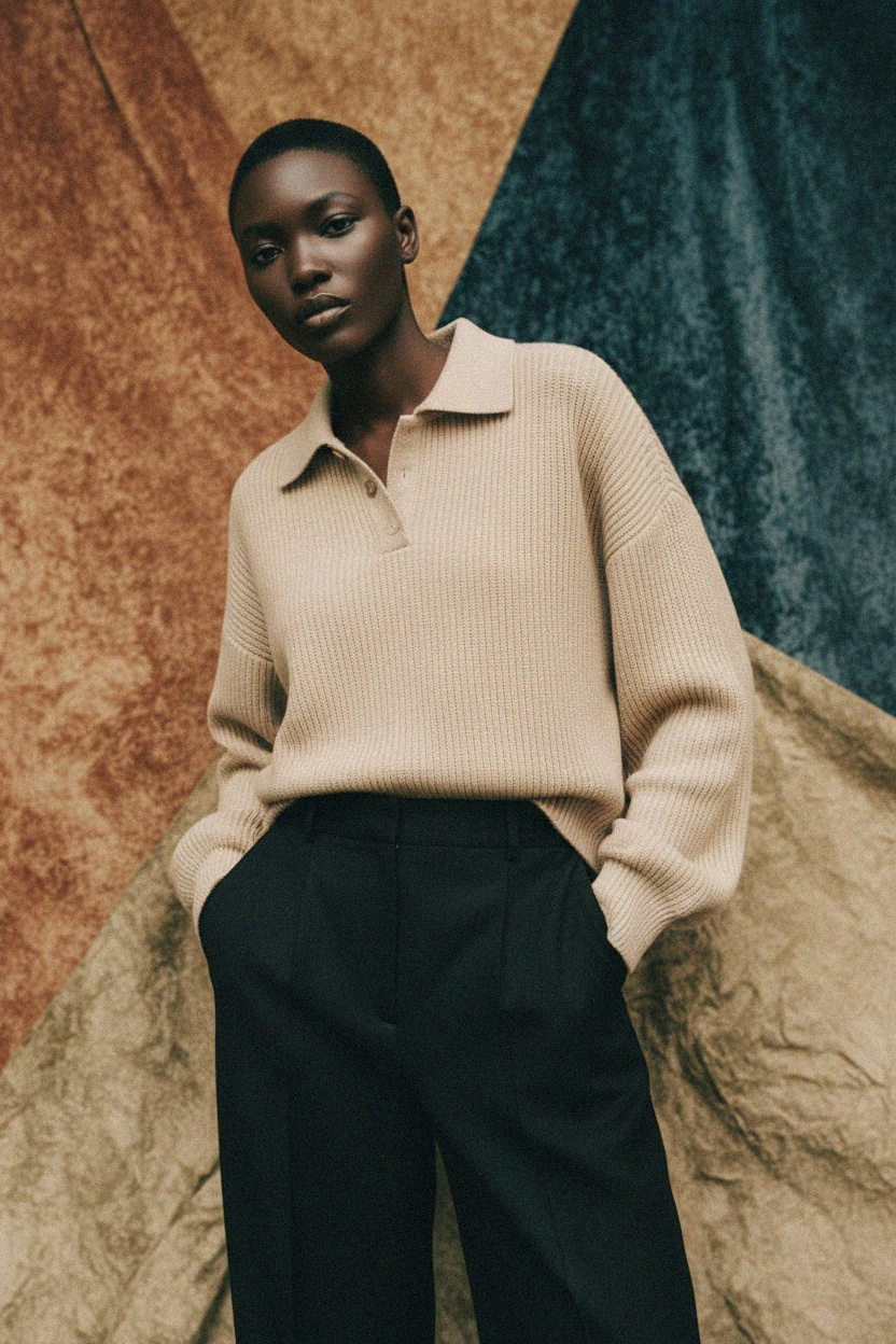 Beige Ribbed Knit Polo Sweater photo 4