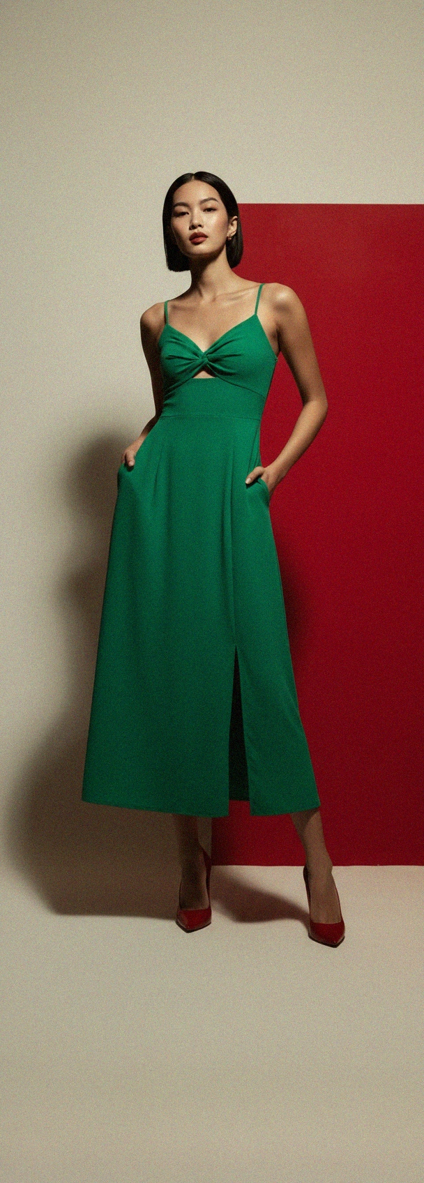 Elegant Green Midi Dress with Twist Front & Slit photo 3