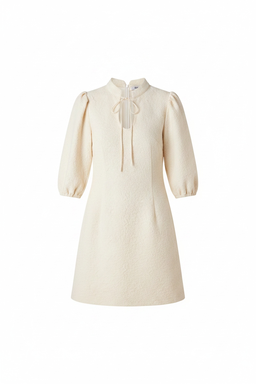 Textured Tie-Neck Mini Dress in Creamy Beige photo 1