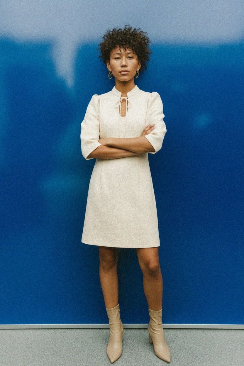 Textured Tie-Neck Mini Dress in Creamy Beige photo 2