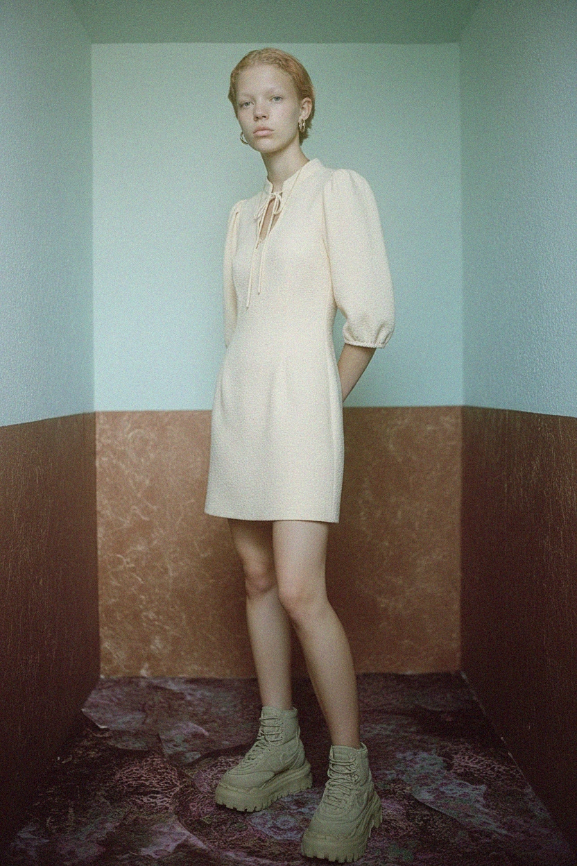 Textured Tie-Neck Mini Dress in Creamy Beige photo 3