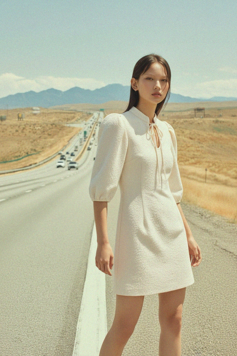 Textured Tie-Neck Mini Dress in Creamy Beige photo 4