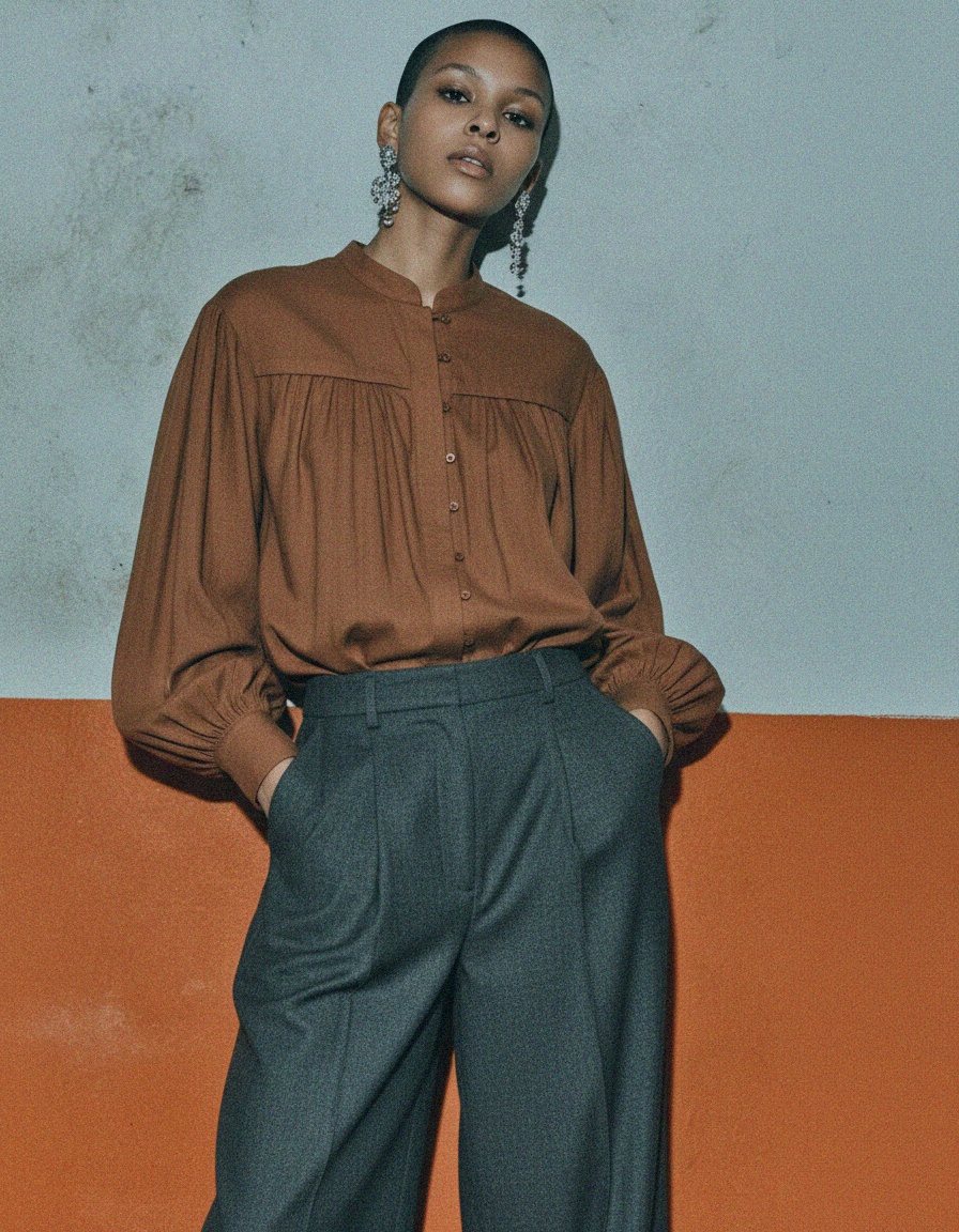 Brown Relaxed Fit Gathered Blouse photo 4