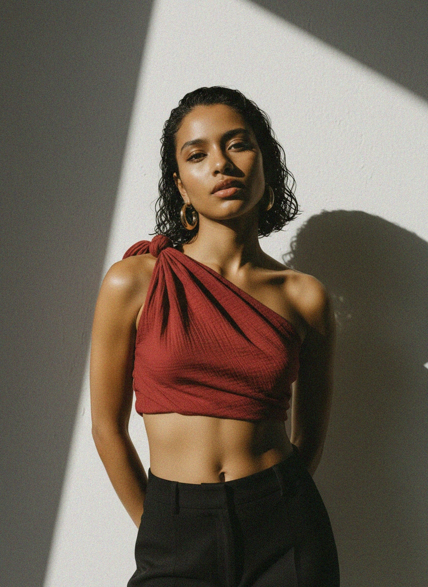 Knotted One-Shoulder Draped Top in Rich Red photo 2