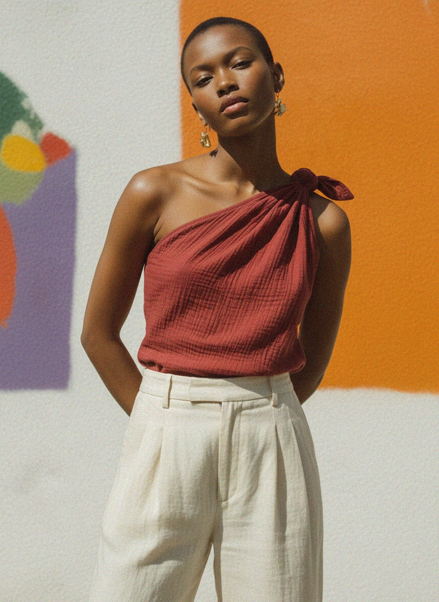 Knotted One-Shoulder Draped Top in Rich Red photo 3