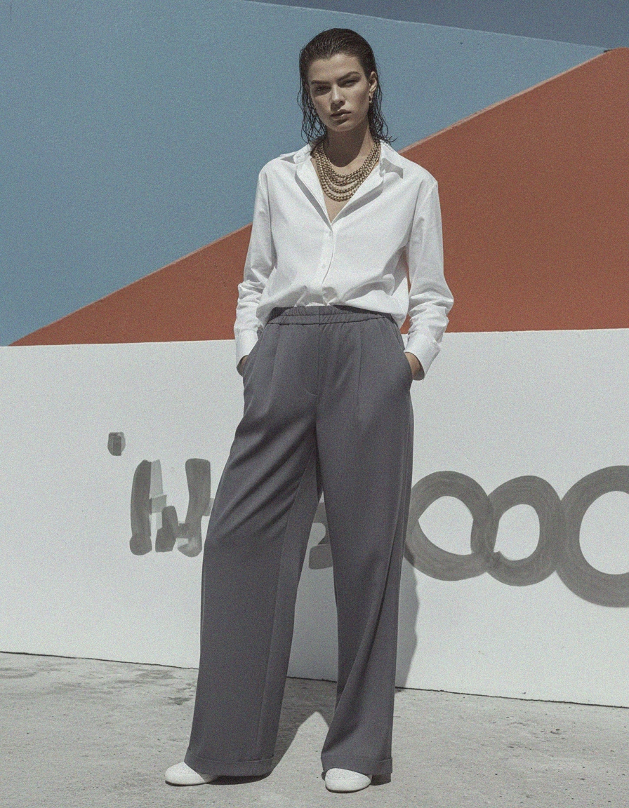 Relaxed Fit Pleated Wide-Leg Grey Pants photo 2