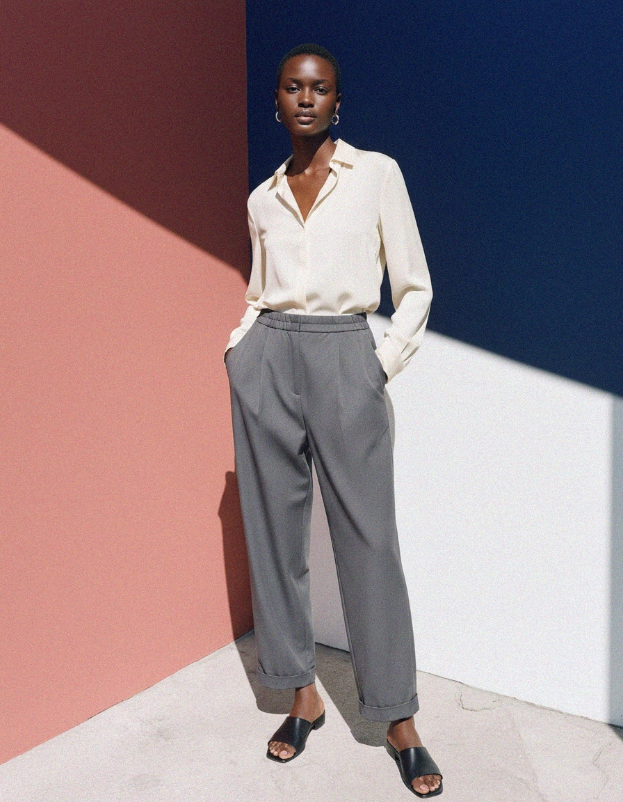 Relaxed Fit Pleated Wide-Leg Grey Pants photo 3