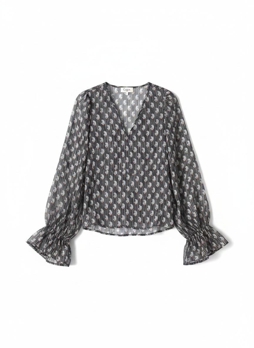Elegant Sheer Patterned Blouse with Ruffled Sleeves photo 1