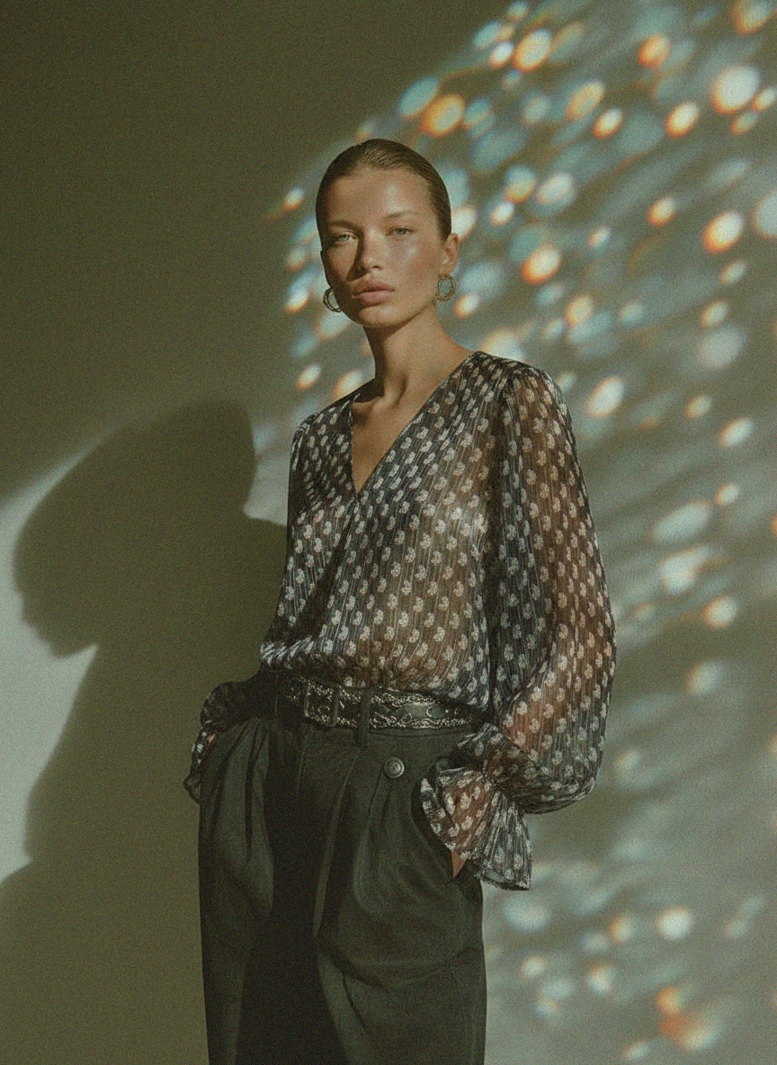 Elegant Sheer Patterned Blouse with Ruffled Sleeves photo 3