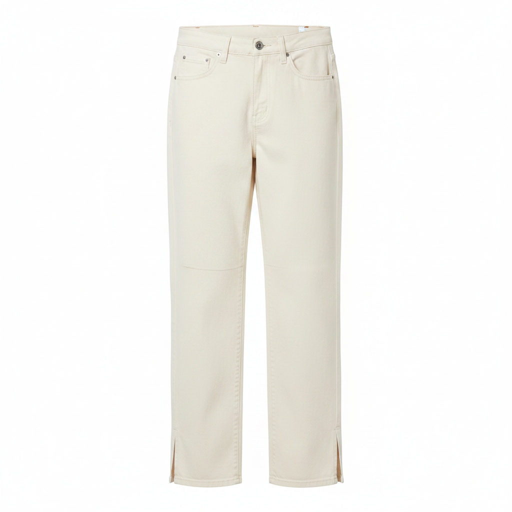 Ecru Panel Detail Straight Leg Jeans with Split Hem photo 1