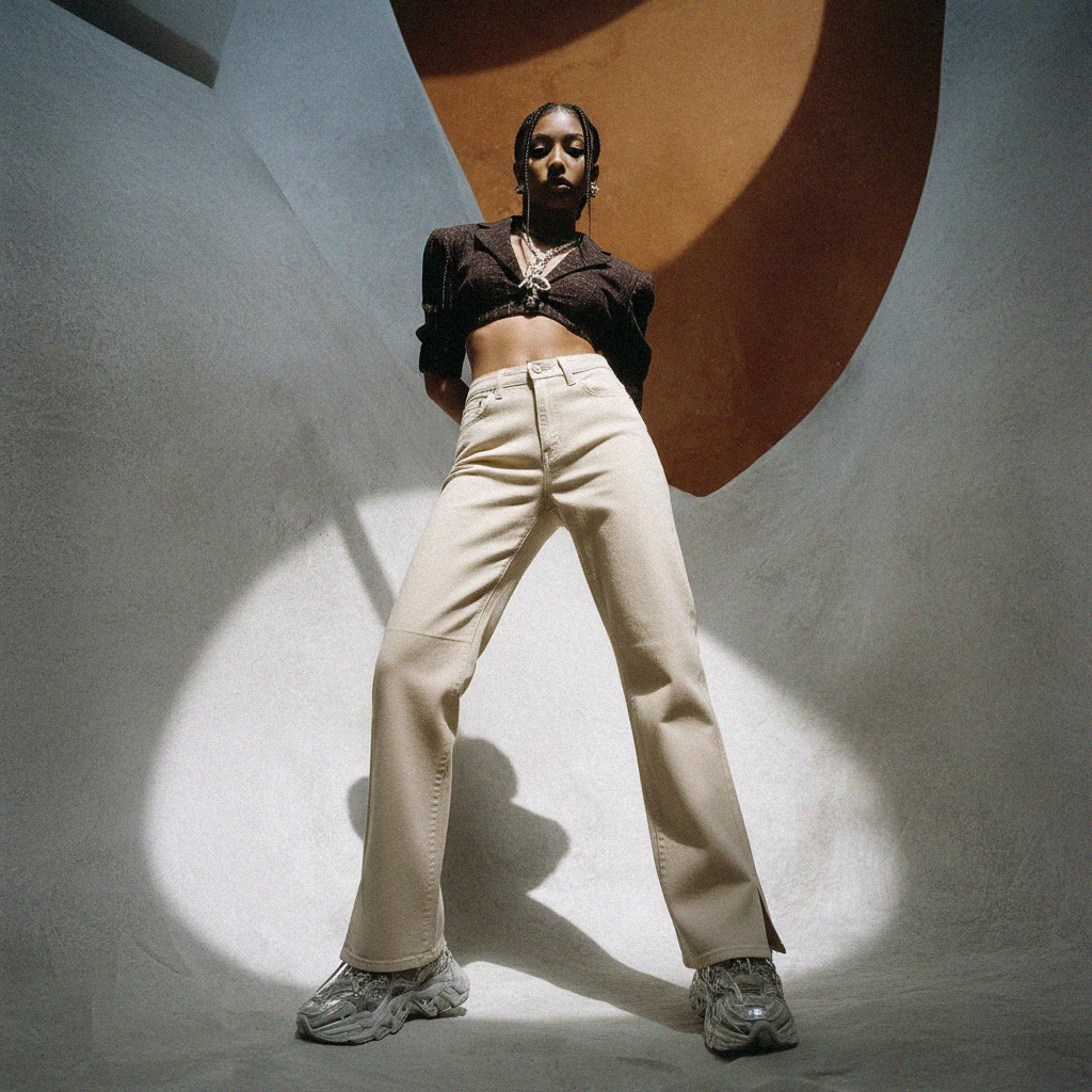 Ecru Panel Detail Straight Leg Jeans with Split Hem photo 3