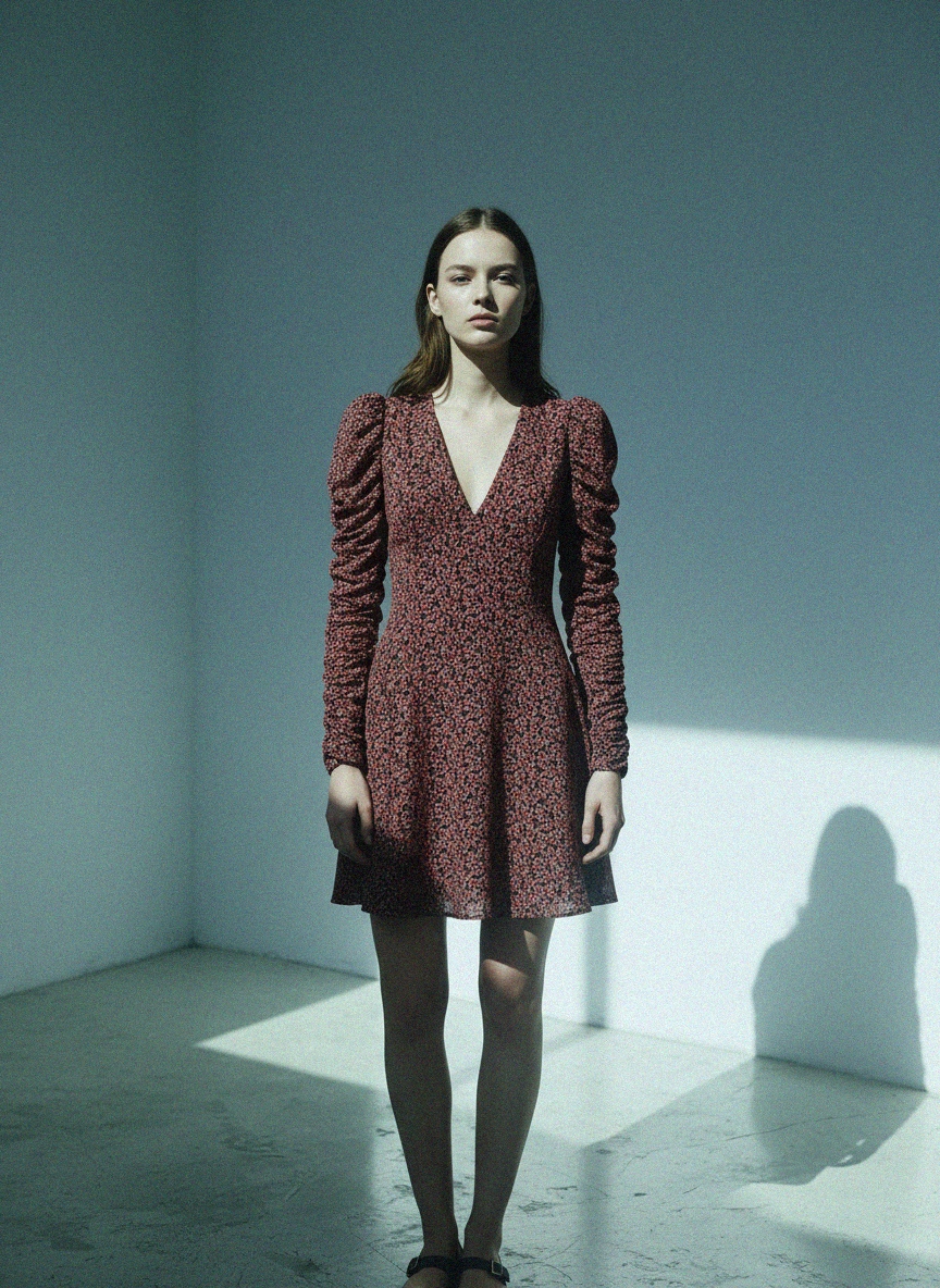 Floral Print V-Neck Mini Dress with Ruched Sleeves photo 3