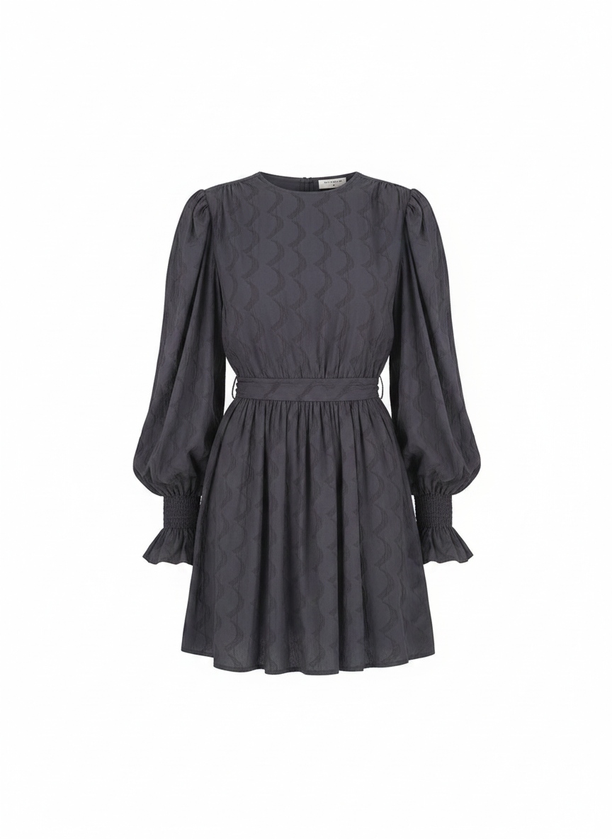 Textured Grey Mini Dress with Puffed Sleeves photo 1