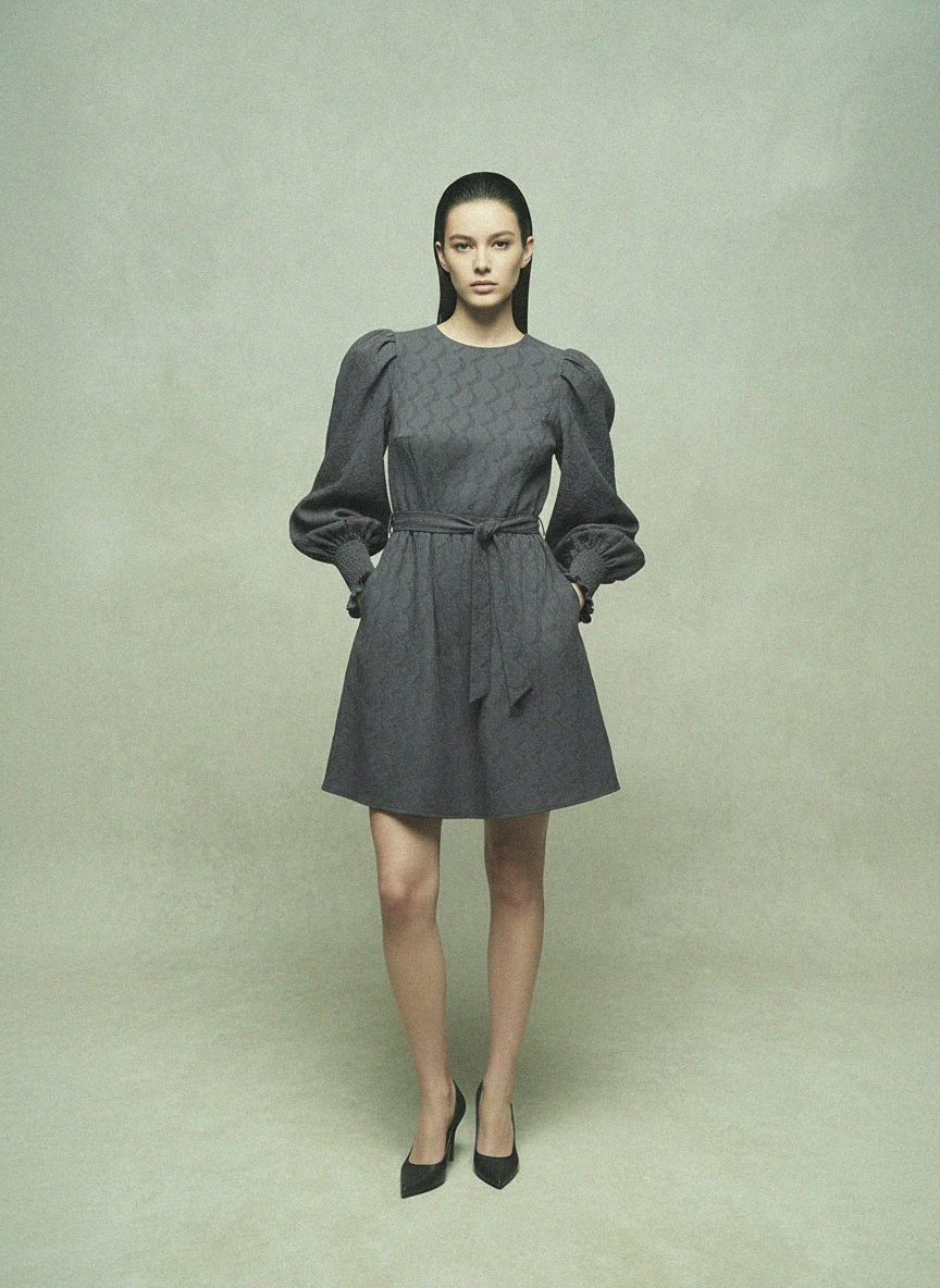 Textured Grey Mini Dress with Puffed Sleeves photo 2