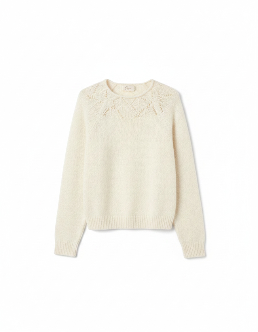Cream Knitted Sweater with Lace Detail photo 1