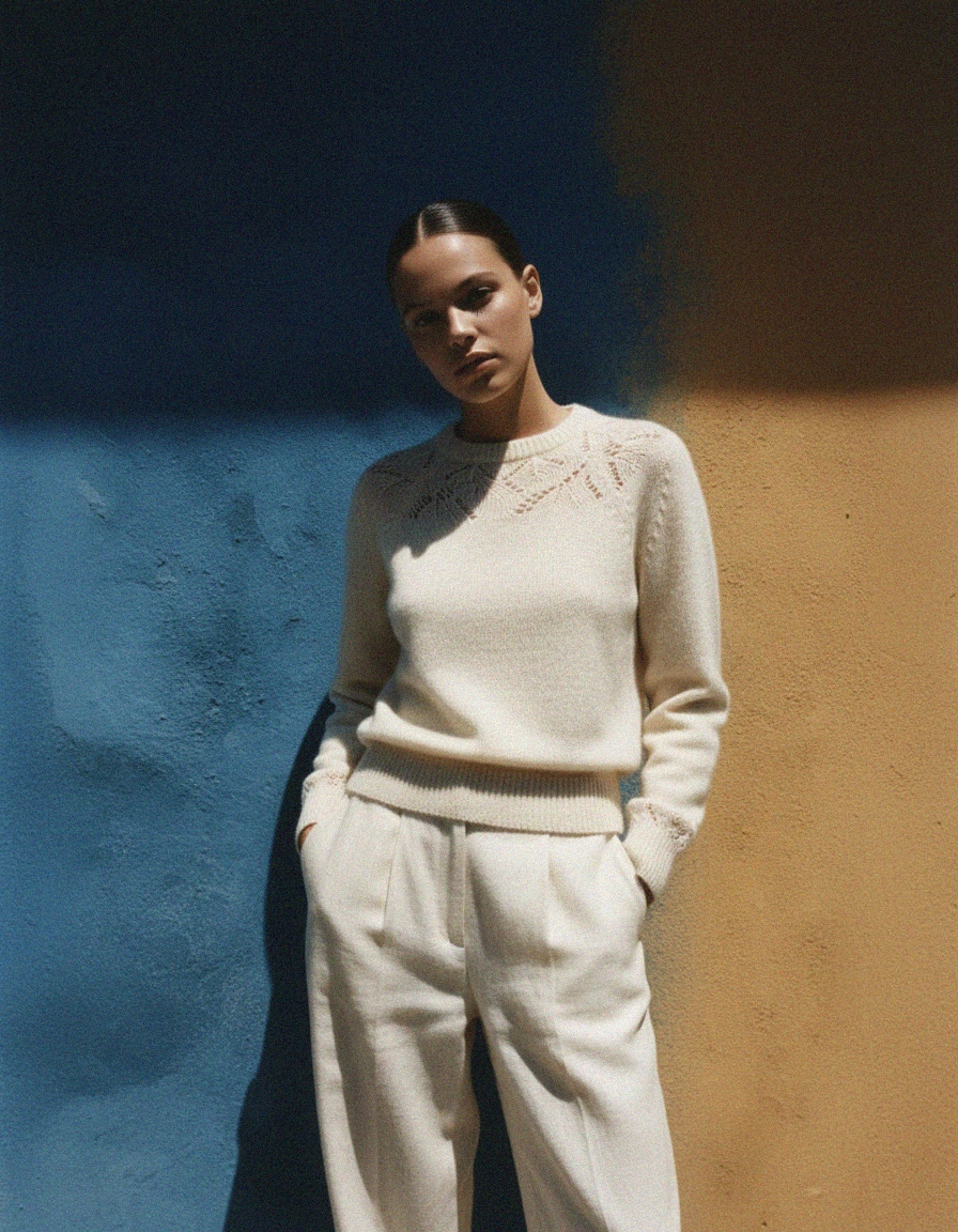 Cream Knitted Sweater with Lace Detail photo 2