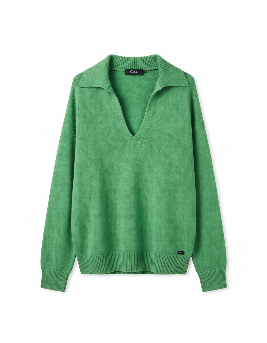 Relaxed Fit Green V-Neck Collared Sweater photo 1