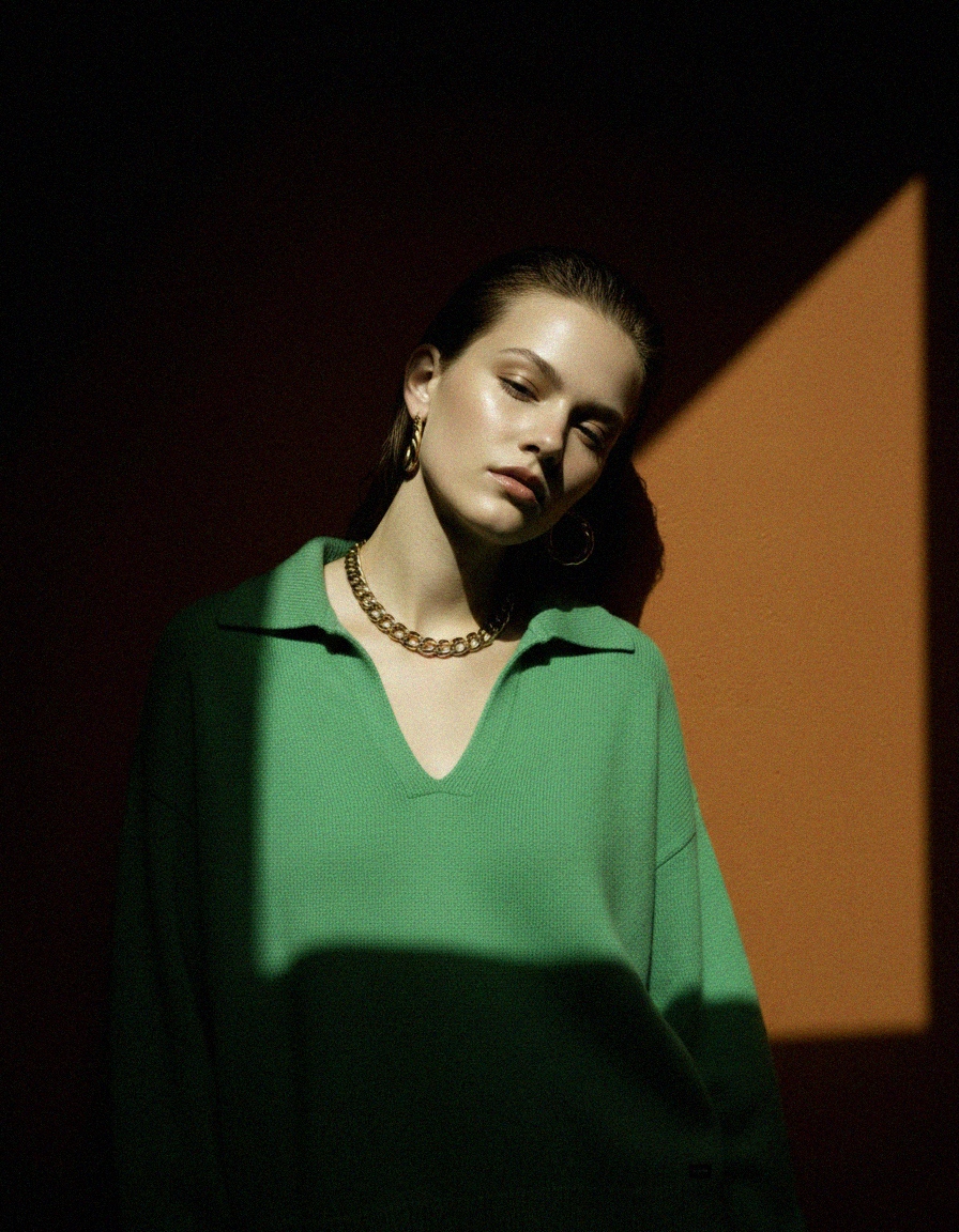 Relaxed Fit Green V-Neck Collared Sweater photo 3