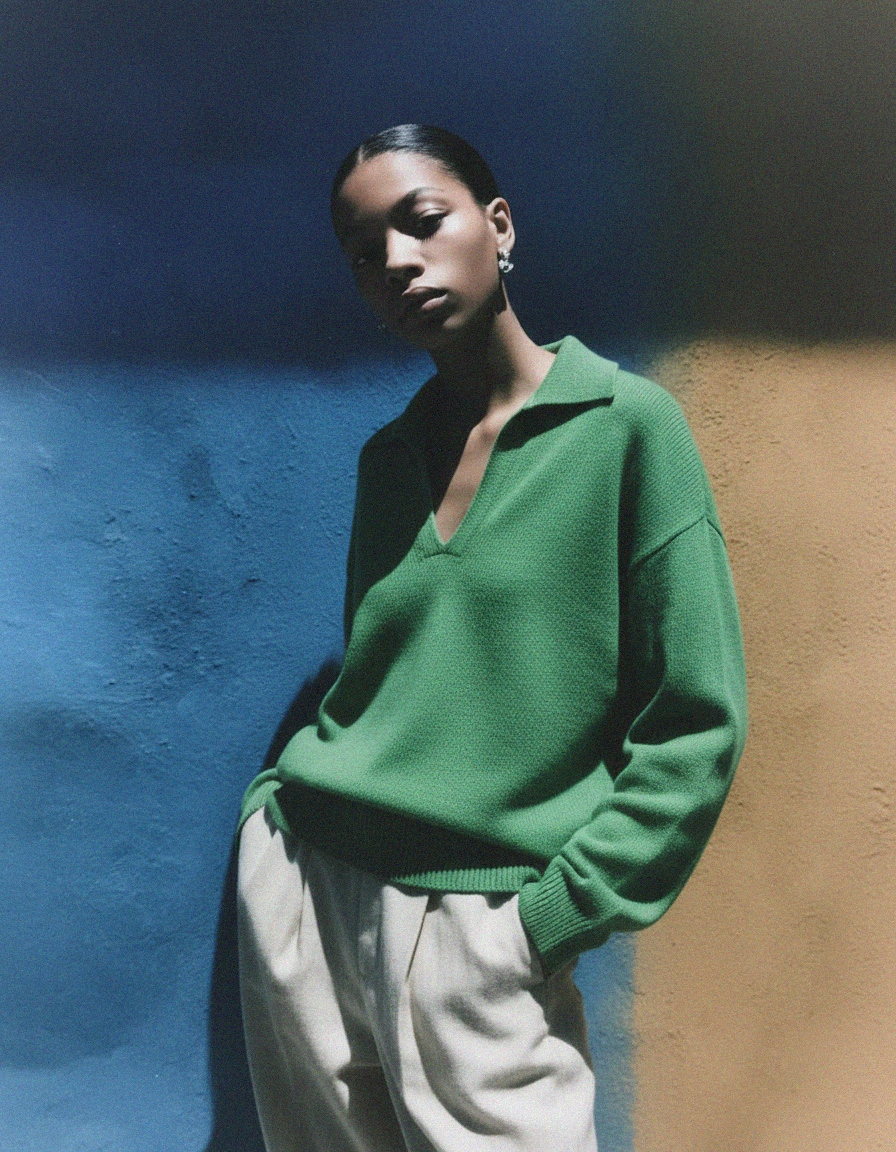 Relaxed Fit Green V-Neck Collared Sweater photo 4