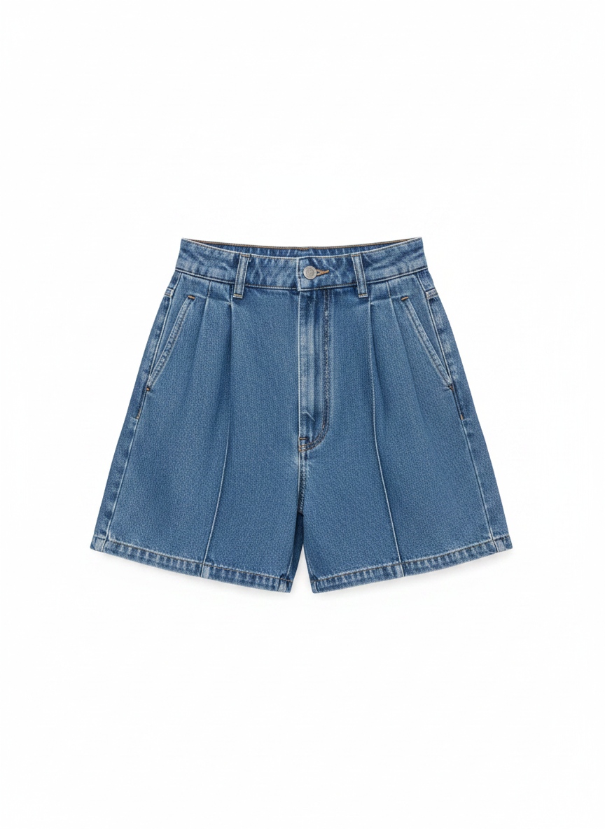 High-Waist Pleated Denim Shorts photo 1