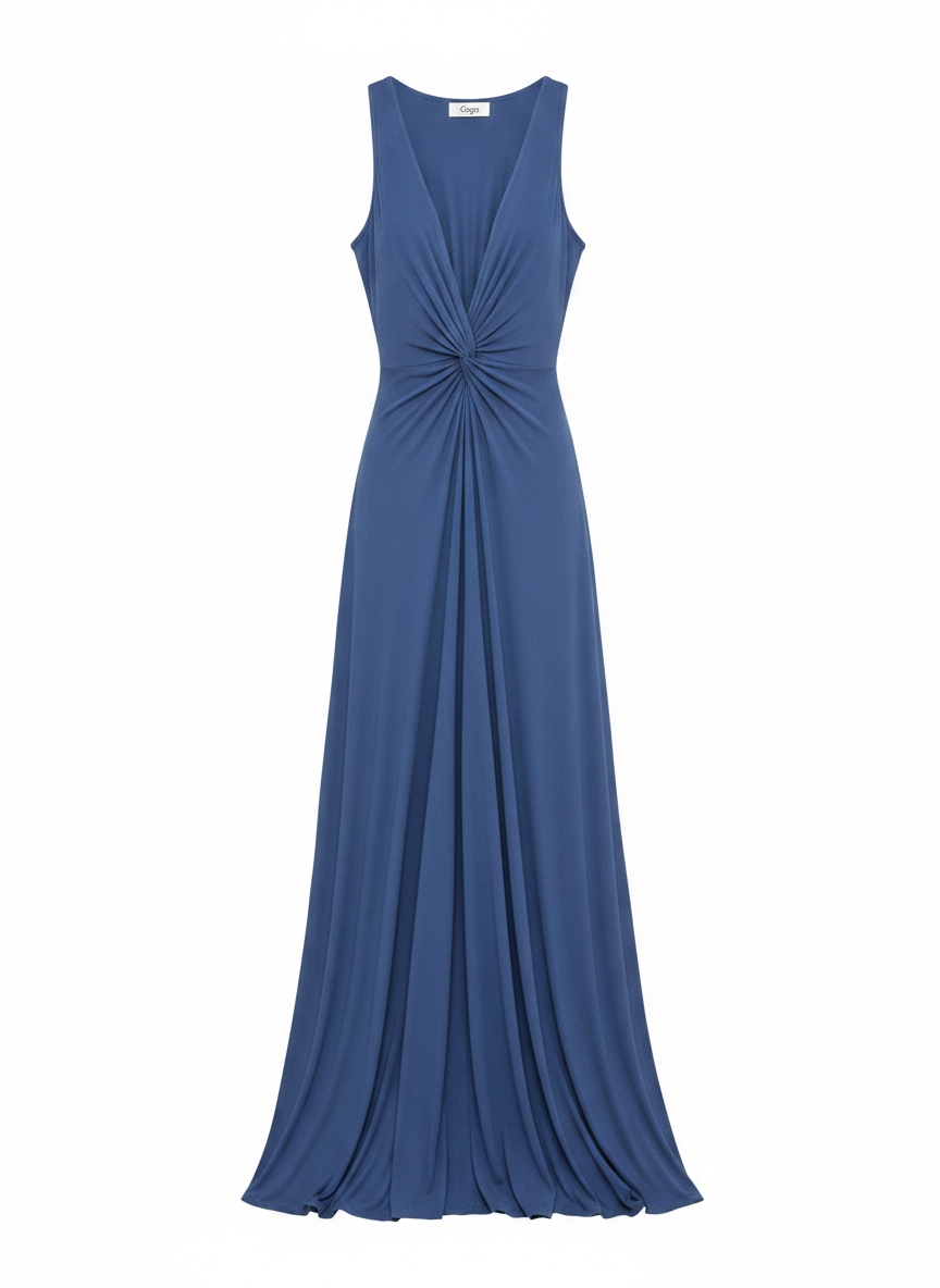 Flowing Blue Maxi Dress with Deep V-Neck & Open Back photo 1