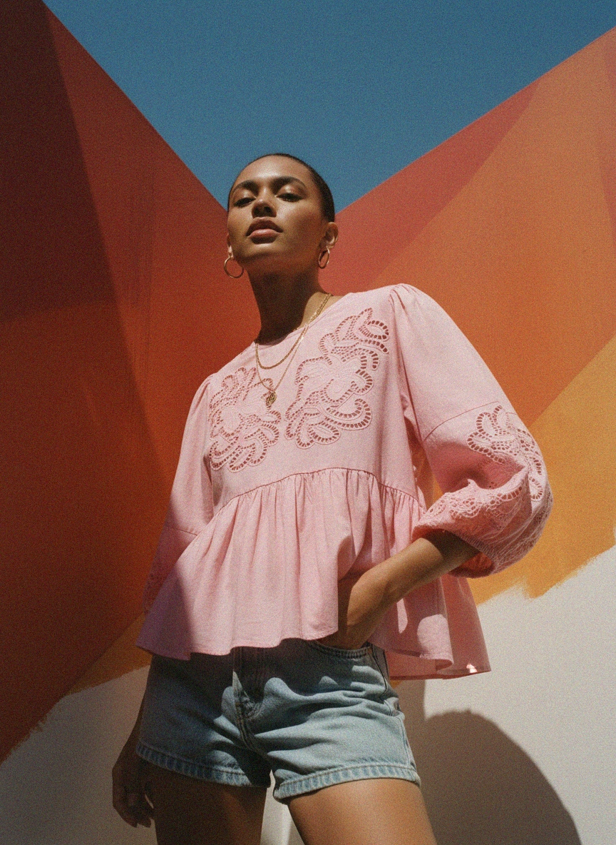 Pink Eyelet Embroidered Peplum Blouse photo 2