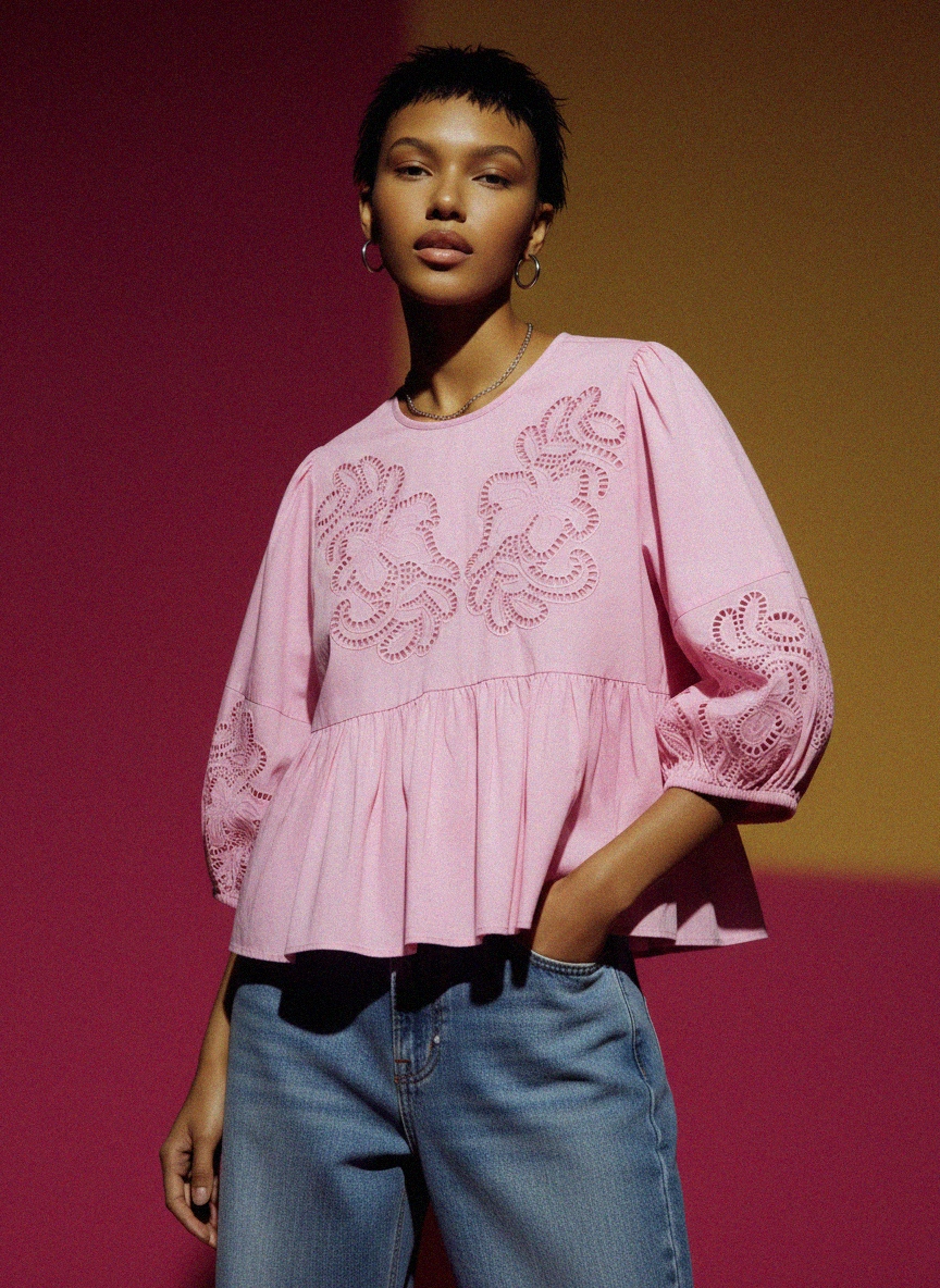 Pink Eyelet Embroidered Peplum Blouse photo 3