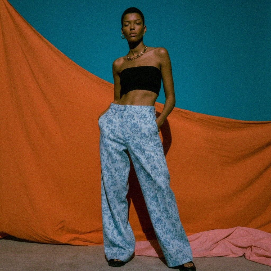 Blue Floral Pattern Regular Fit Pants photo 2