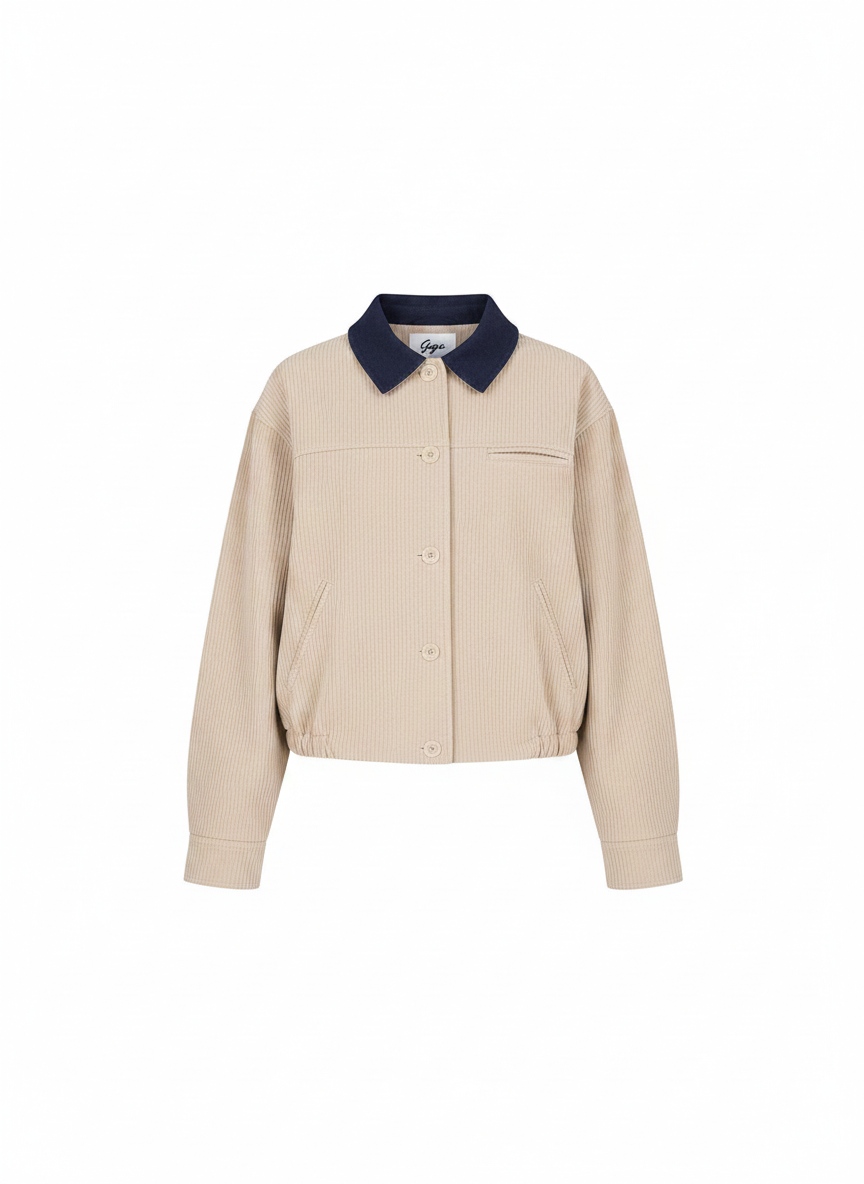 Beige Corduroy Jacket with Contrast Blue Collar photo 1
