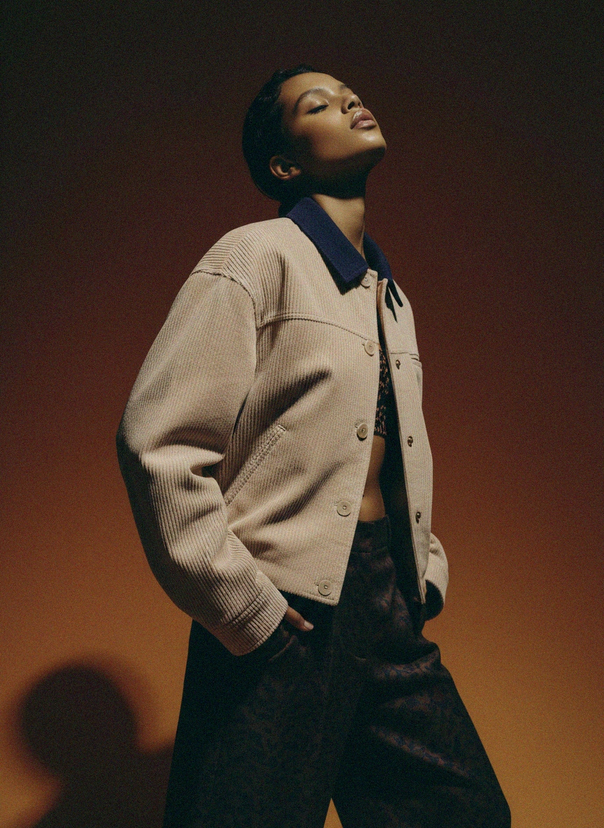 Beige Corduroy Jacket with Contrast Blue Collar photo 2