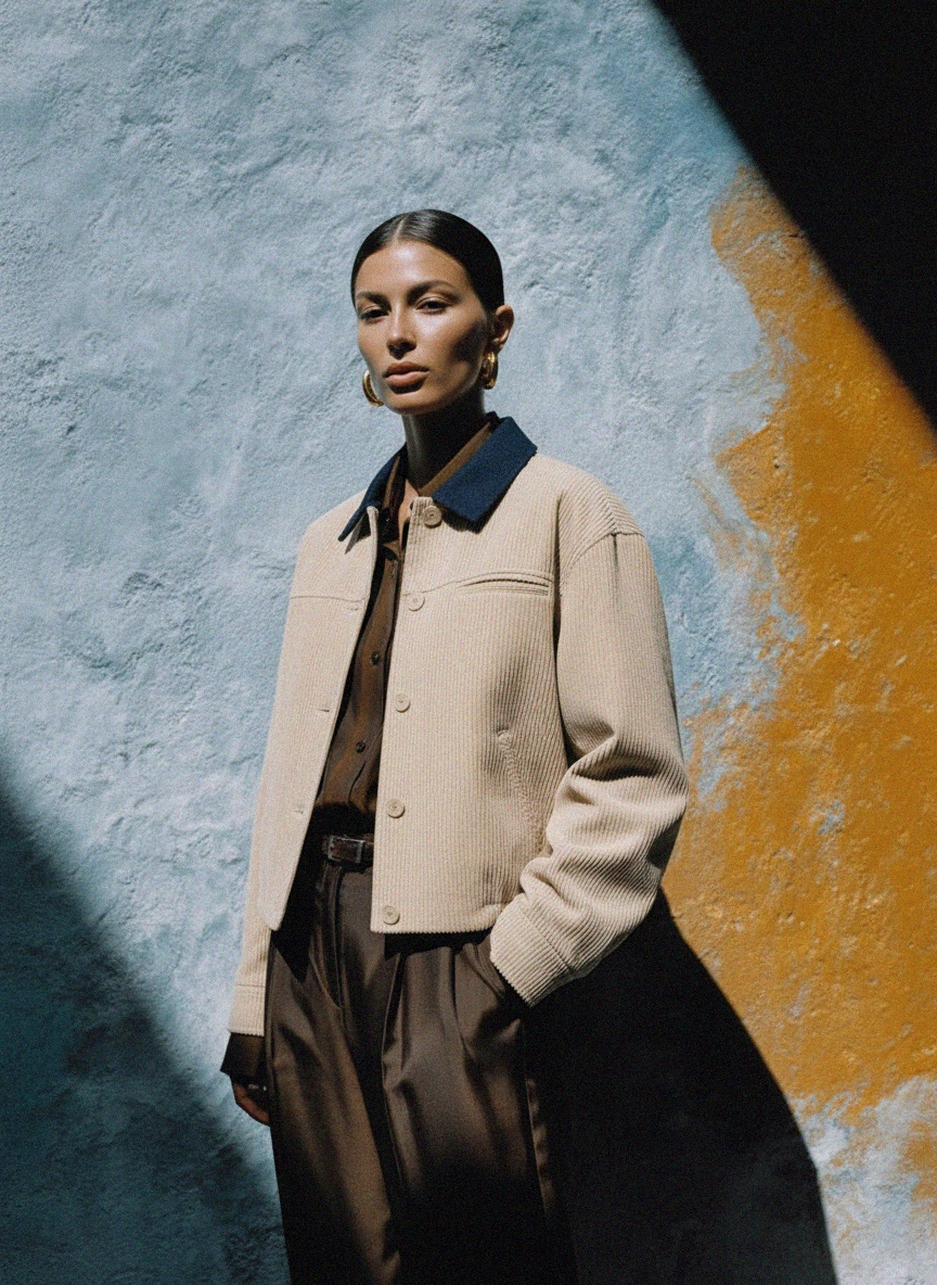 Beige Corduroy Jacket with Contrast Blue Collar photo 3